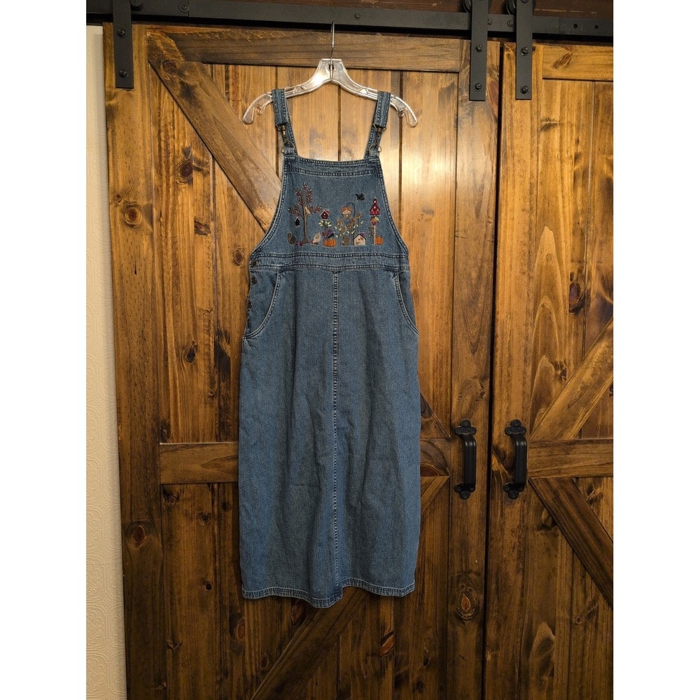 Christopher & Banks Fall Denim Overalls Dress Jumper Embroidery Sz. Small